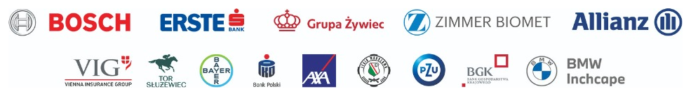Logos von Marken, die Gruby Josek vertraut haben — u. a. Bosch, Erste Bank, Grupa Żywiec, Allianz, PKO Bank Polski, PZU, BMW